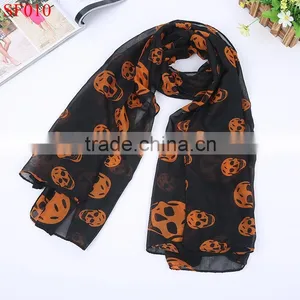 SF007 High Quality Beautiful Lady Temperament Chiffon Silk Neck Scarf White Scarf With Skull Crown thumbnail-5