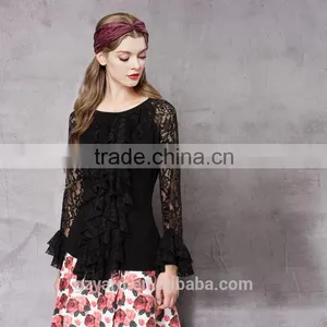 Teen Girls Lace Splicing Elastic Slim Tops Ladies Ruffles Round Neck Shirt for Women Soft Basic Shirt Tops in Autumn Spring thumbnail-5