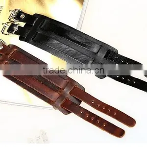 Top Quality Men's Biker Simple Stainless Steel Black Leather Bracelet thumbnail-3