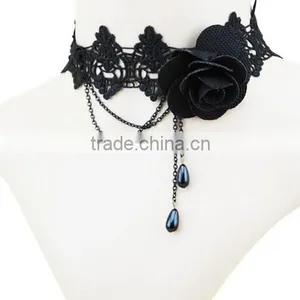 Women 2016 Gothic Handmade Chain Black Flower Lace Choker Collar Chunky Necklace thumbnail-1
