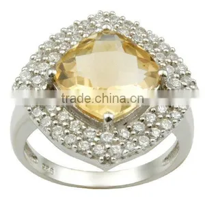 Cushion Cut Citrine Silver Ring, Cubic Ziconia Silver Ring, 925 Sterling Silver Citrine CZ Ring thumbnail-1