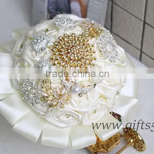 Gold Wedding Bouquet Handmade Flowers Wedding Flowers With Rhinestones thumbnail-2