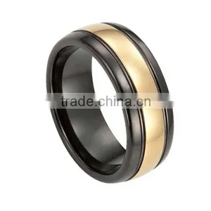 Men's IP Black and 18K Gold Plated Tungsten Carbide Ring, 8MM Width Tungsten Carbide Ring With Grooves thumbnail-1