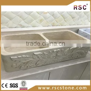 Crema Marfil Beige Marble Flowered Carved Rectangle Sink thumbnail-1