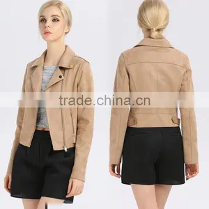 OEM/ODM Clothing Manufacturer High Quality Khaki Short Style Women Casual Suede Jacket With Turn Collar thumbnail-2