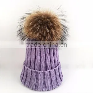 Myfur Cute Lavender Real Raccoon Fur Ball Flip Up Brim Hat thumbnail-1