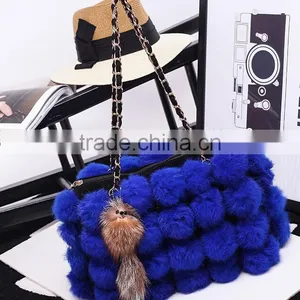 100% Real Rabbit Woman Bucket Handbag Rabbit Fur Ball Ladies Shoulder Bag thumbnail-2