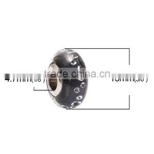 Lampwork Glass & Cubic Zirconia European Style Large Hole Charm Beads Round Black Clear W/ Stainless Steel Silver Tone Core thumbnail-2