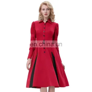 Belle Poque Victorian Style Long Sleeve Shirt Collar Contrast Color Red Retro Vintage Swing Dress BP000366-2 thumbnail-1