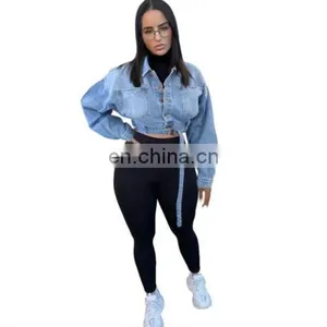Short Jean Jacket Women Casual Denim Streetwear Long Sleeve Coat Fashion Clothes With Belt Fall Women Clothing Outerwear thumbnail-1
