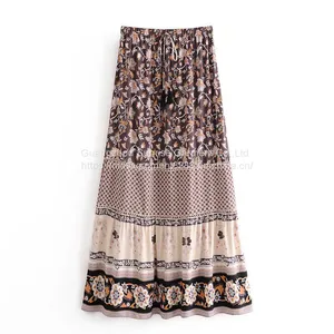 Wholesales Summer Half-length Skirt Retro Rayon Placement Printing 100% Rayon Cotton Tassel Elastic Waist Long Skirt Female thumbnail-2