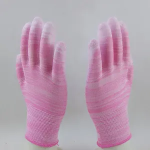 Pink and White Polyester Knitted pu Palm Coated Anti-static Safety Work Gloves thumbnail-5