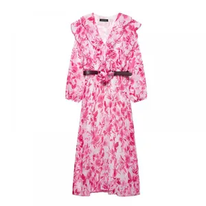Spring and Summer New European and American Style Women's Fashionable Temperament Long Sleeved Dress With Belt and Printed Dress thumbnail-2