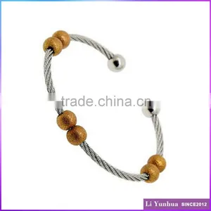 2016 Hot Sale Stainless Steel Wire Bangle With Gold Plated Sand Blast Beads thumbnail-1