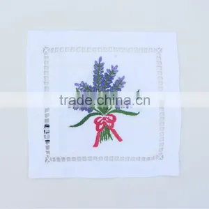 Set of 12 Linen Cocktail Napkins With Lavender Embroidered and Ladder Hemstitched. 6" x 6" thumbnail-1