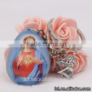 2016 New Design Key Chain Ring Custom Key Holder Blue Clearly Color Glass Sacred Heart Key Chain Split Key Ring Clip Wholesale thumbnail-3