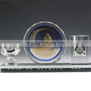 JINGYAGE K9 Custom Logo Office Table Set Crystal Yellow&Blue Sailing Crystal Pen Holder Set With Clock thumbnail-1