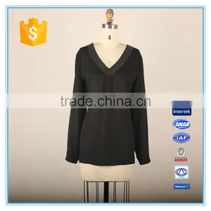 Black Simple Beaded Design Ladies New Fashion V Neck Chiffon Blouse 2016 thumbnail-1