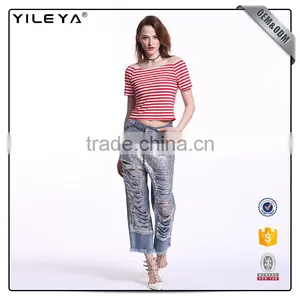OEM Services Stripe+short+sleeve+t-shirt+tops+for+women+2016,female Tshirts thumbnail-2