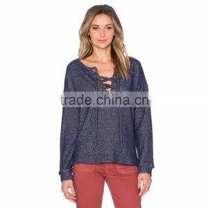 Long Sleeve Women Lace Up Fashion Jean Shirt thumbnail-1