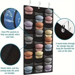 Hat Organizer Racks for Baseball Caps, Visible Hat Holder Rack for Wall Door With 3 Hooks, 27 Deep Pockets thumbnail-2