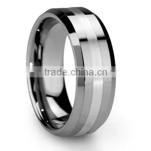 Men's 8mm Tungsten Ring,One Tone Matte Finish Brushed Center Wedding Band Beveled Edge Rings thumbnail-1