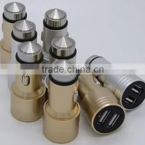 Aluminum Mini Micro Dual USB Car Charger Escape Equipment Metal Safety Hammer Shape Nipple Car Charger For Mobile Devices thumbnail-2