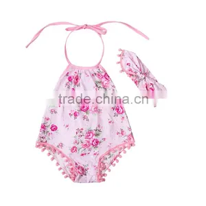 Baby Romper With Pompom And Headband.Summer Children Clothes.Floral Decoration. thumbnail-3