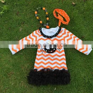 2015 Kids Halloween Dress Kids Boutique Dress Girls Spider Dress Orange Chervon Dress With Necklace and Headband thumbnail-1
