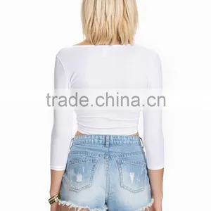 Latest New Design v Neck Crop Top Plain Wholesale Long Sleeve Women Crop Top thumbnail-3