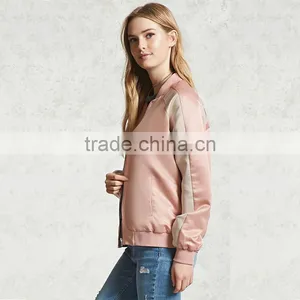 2017 Womens Windproof Satin Contrast Ribbed Knit Trim Bomber Jackets thumbnail-2
