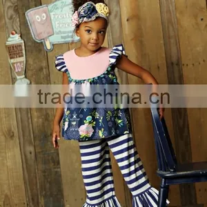 Newest Summer Persnickety Remake Girls Boutique Outfit Children Floral Ruffle Princess Dress and Stripe Capris Set thumbnail-3