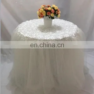 Fancy Elegant White Rosette And Tulle Table Skirt For Wedding Decoration thumbnail-2