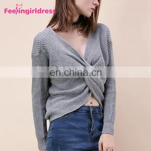 Custom Private Label Ladies Crop Top Long Sleeve Women Knitted Sweater thumbnail-2