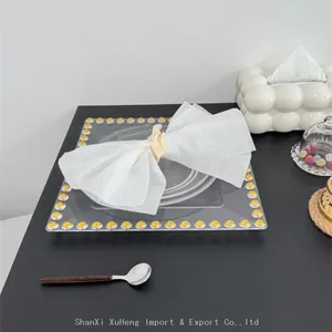 Clear Plastic Square Charger Plates With Gold Beaded Rims Wedding Decoration Dishes thumbnail-2