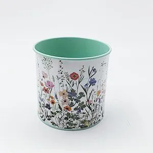 Printed Cylindrical Galvanized Iron Planter, Decorative Metal Flower Pot With Assorted Floral & Cartoon Patterns For Home Garden thumbnail-2