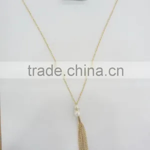 FASHION RHINESTONE CHAIN/CHAIN TASSEL NECKLACE EARRING SET WITH PEARLS thumbnail-3