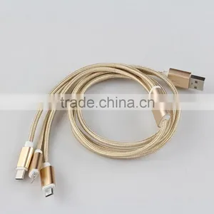 1.2m Nylon Woven Three Metal Plugs 3 in 1 Micro USB Cable Colorful Phone Cable for IPhone 6 6s Plus 5s Android Type C thumbnail-4