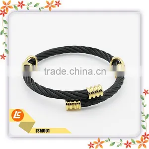 China Supplier European Style Womens and Mens Adjustable Black Gold Twisted Cable Wire Steel Bracelet Bangle thumbnail-1
