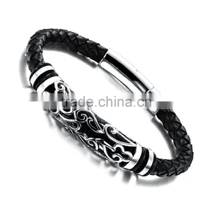 Fashion Mens Jewelry Customrized Logo Stainless Steel Beads Leather Bracelet thumbnail-1
