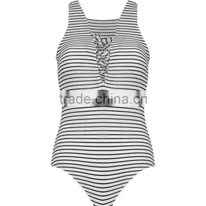 2016 New Fashion Lace Up Front Sleeveless Bodysuits Young Girl Black White Stripe Women Tops thumbnail-2