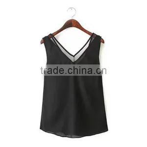 European and American Style Solid Color V-neck Blouses Stitching Gauze Halter T-shirt Tank Top Women thumbnail-5