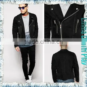 2015 New Man's Zipper Closure Full Sleeves Black Cotton Tight Fit Denim Jackets thumbnail-1