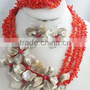 Free Shipping!!! Red Coral and Shell Flower Jewelry Set With Necklace Earrings and Bracelet thumbnail-4