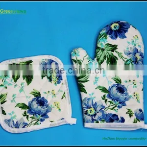 Cotton Printed Yellow Stripe Oven Mitt & Pot Holder Factory Eco Friendly Pot Holders and Oven Mitts 2 Kitchen Sets-oven thumbnail-2