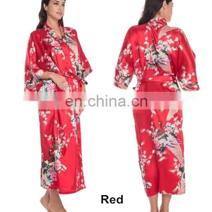 Women's Peacock Print Half Sleeve Silk Kimono Bridesmaid Long Robe Nightgown thumbnail-5
