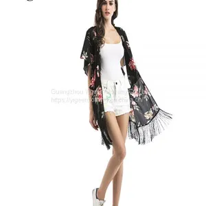 Floral Printed Fringing Hem Open Casual Chiffon Dress thumbnail-3