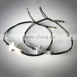 2015 Top Quality Alloy Cross Charm Double Bracelet Wrap Waxed Cotton Cord Bracelet thumbnail-1