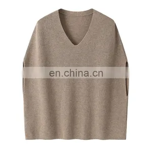 Women's Loose Knit V Neck Cashmere Sleeveless Sweater Vest New Spring Autumn Collection 100% Cashmere Casual Style Front Logo thumbnail-1
