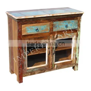 INDIAN RECYCLE GLASS WOOD 2 DRAWER SIDE BOARD thumbnail-1